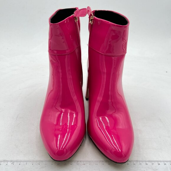 FSJ Fuchsia Pointed Toe Block High Heel Ankle Boots Glossy Patent Dress Booties - Picture 3 of 8